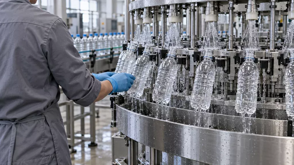 Оператор обрабатывает ПЭТ бутылки на роторной ополаскивающей машине