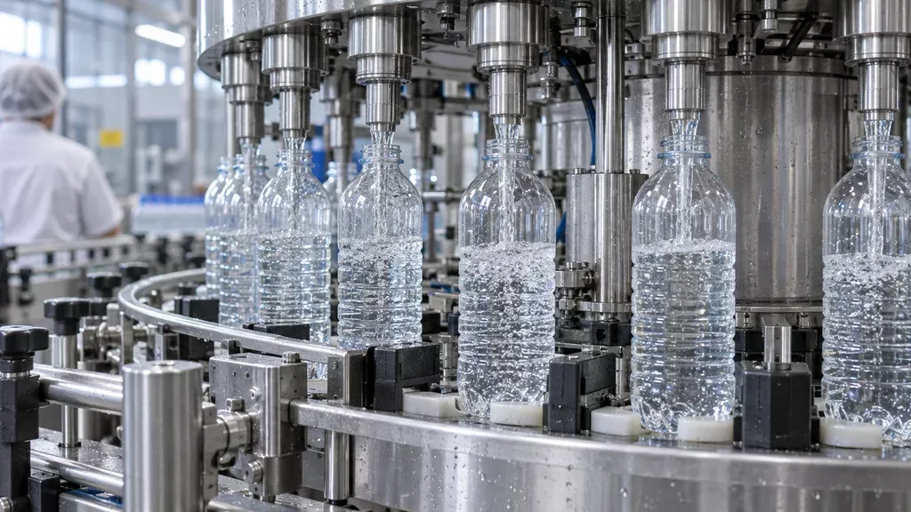 Ротационный автомат розлива воды в ПЭТ бутылки на линии